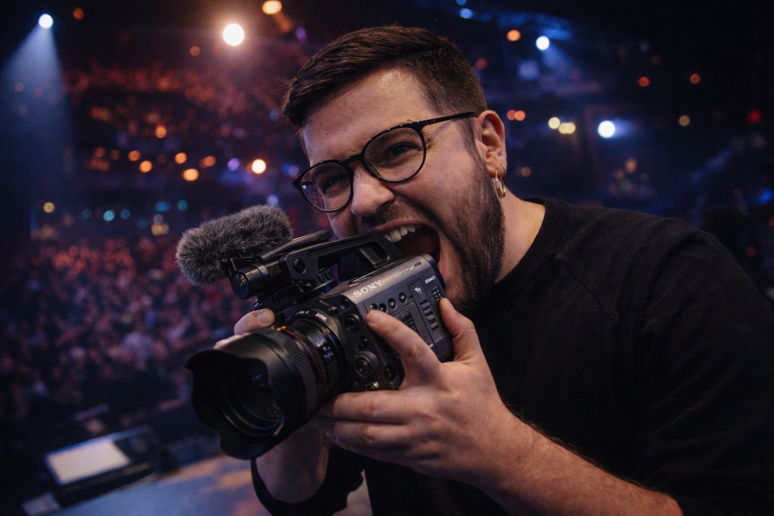 Julian humorously biting a video camera on stage